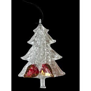 Spun Glass Christmas Tree Ornament With Red Gold Bow Blown 4” t